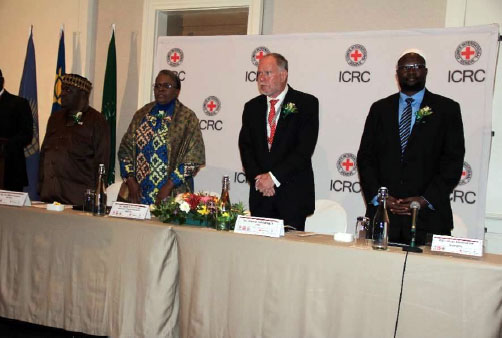 The Minister of International Relations, Ms. Netumbo Nandi-Ndaitwah with  the Head of the ICRC Harare Delegation Mr. Thomas Merkelbach and Minister of Justice Dr. Albert Kawana.